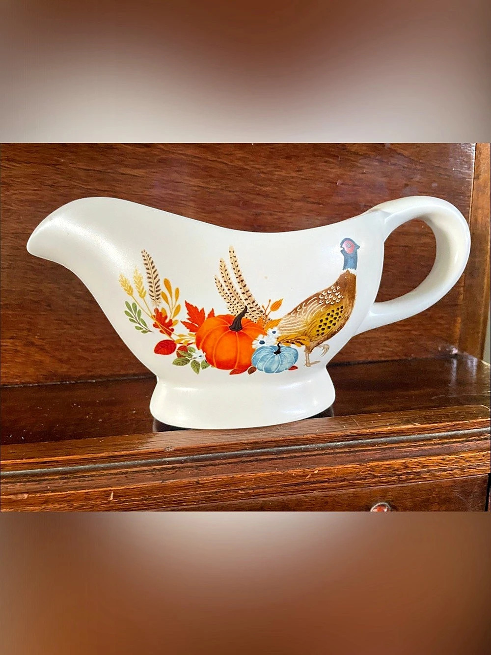 Celebrate It Harvest Pheasant Pumpkin Gravy Boat White & Orange